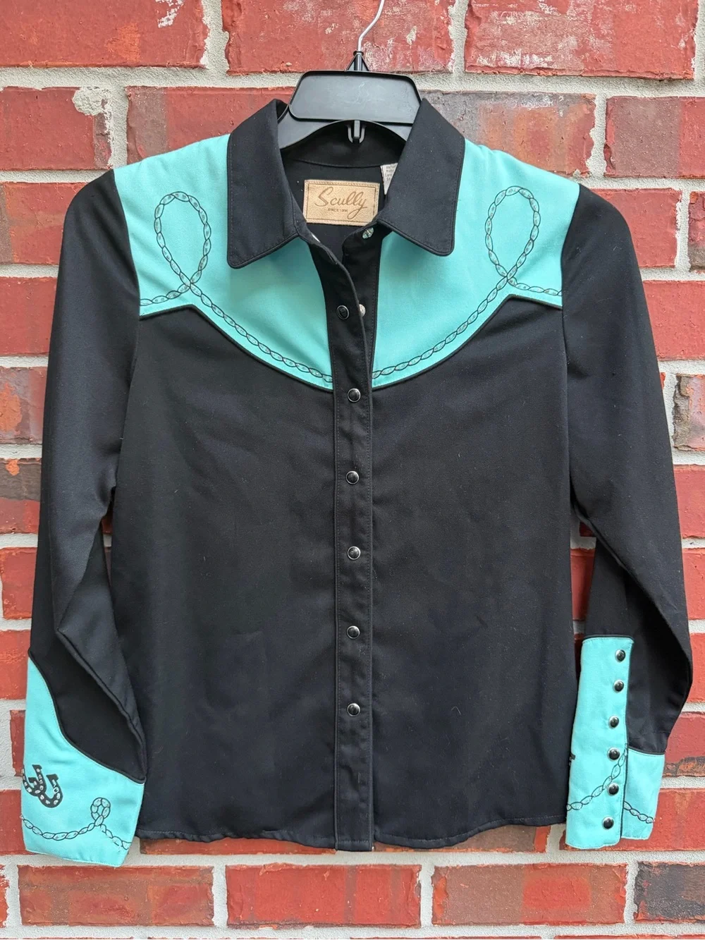 Scully Black & Turquoise S Western Rodeo Pearl Snap Shirt w/Beaded Embroidery P1